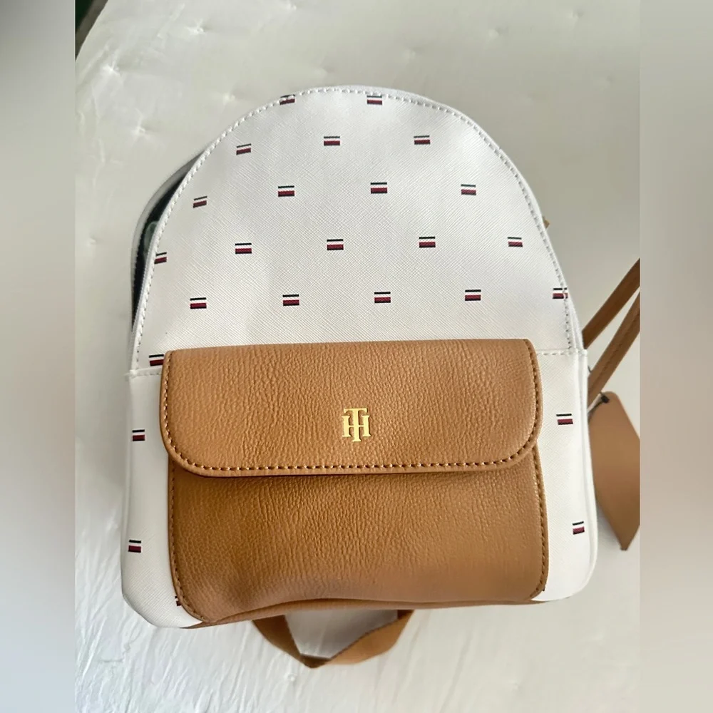 Tommy Hilfiger White and Tan Backpack with Minimalist Design